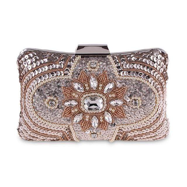 New Glitter Women Beaded Clutch Silver Evening Bags With Chains
