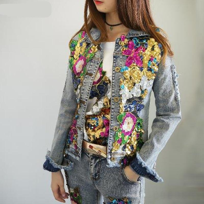 Spring Embroidery Rose Floral Beading Denim Bomber - HER SHOP