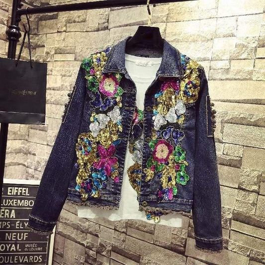 Spring Embroidery Rose Floral Beading Denim Bomber - HER SHOP
