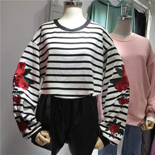 Roses Embroidery Vintage Striped Sweatshirt - HER SHOP