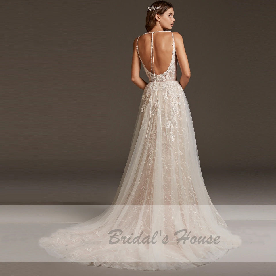 Luxury Beaded Lace Spaghetti Straps Bohemian Wedding Dress