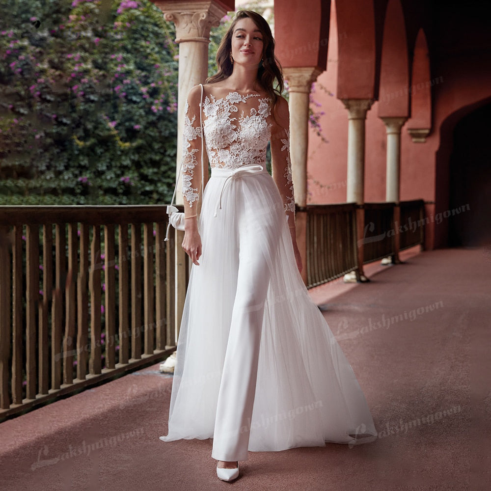 Elegant Lace Applique Wedding Jumpsuit with Train: Long Sleeve V-neck  Country Garden Bridal Pant Suit