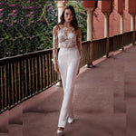 Modern Long Sleeve Jumpsuit Wedding Dress Scoop Neck White Lace Appliques Boho Bridal Dress with Detachable Train Robe Mariee