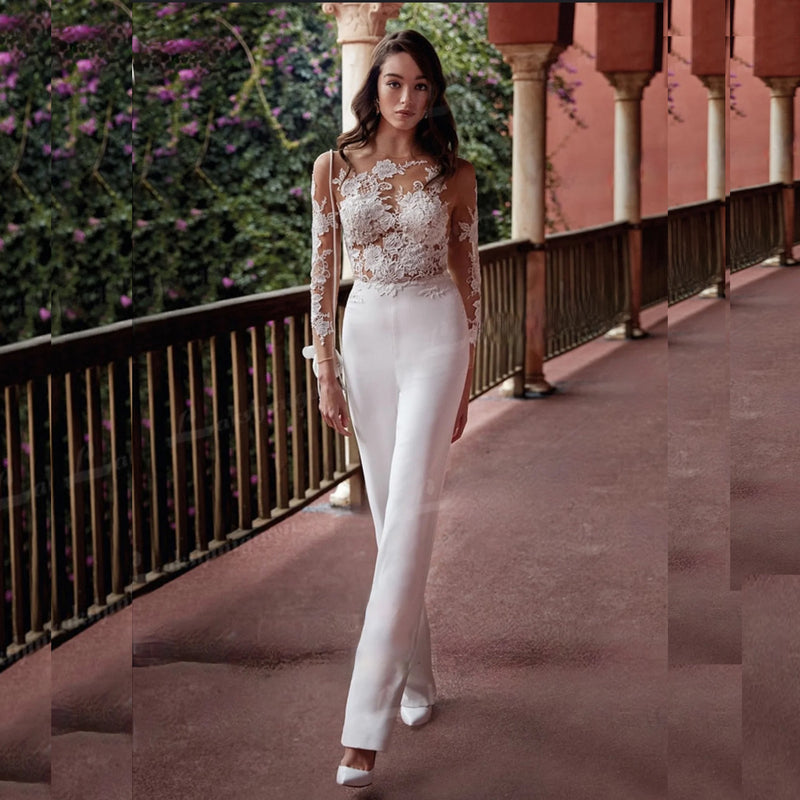 Modern Long Sleeve Jumpsuit Wedding Dress Scoop Neck White Lace Appliques Boho Bridal Dress with Detachable Train Robe Mariee